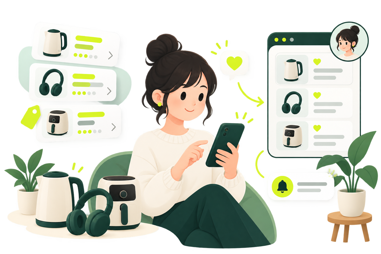 スマートフォンで商品を比較し、保存と通知を利用するイラスト