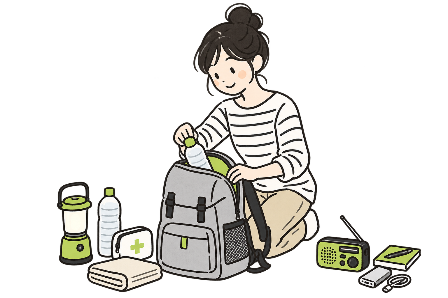 防災（災害時）用品を選ぶ人のイラスト
