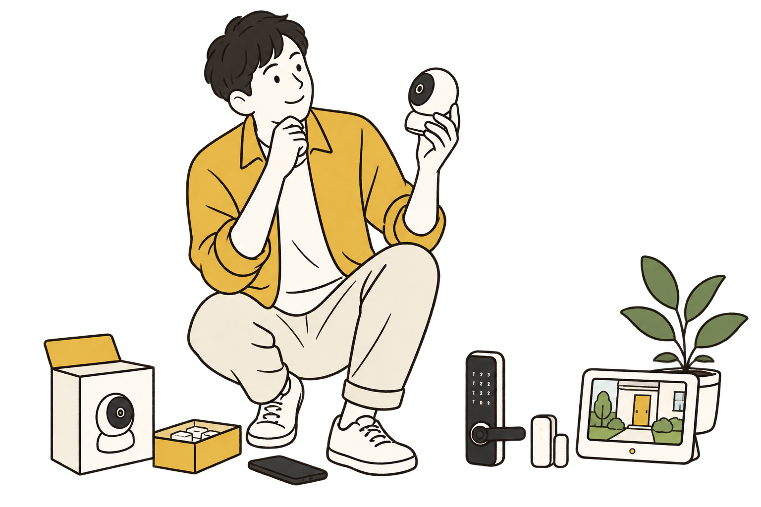 防犯用品を選ぶ人のイラスト
