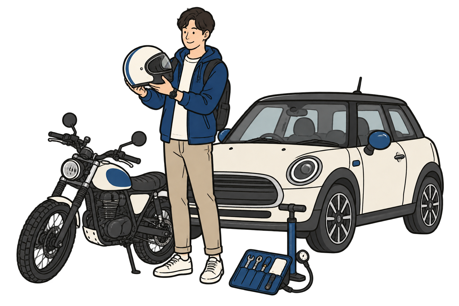 車・バイク用品を選ぶ人のイラスト