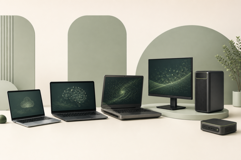 標準ノート、NPU搭載ノート、GPU搭載ノート、デスクトップ、ミニPCを並べたAI用PCのイラスト
