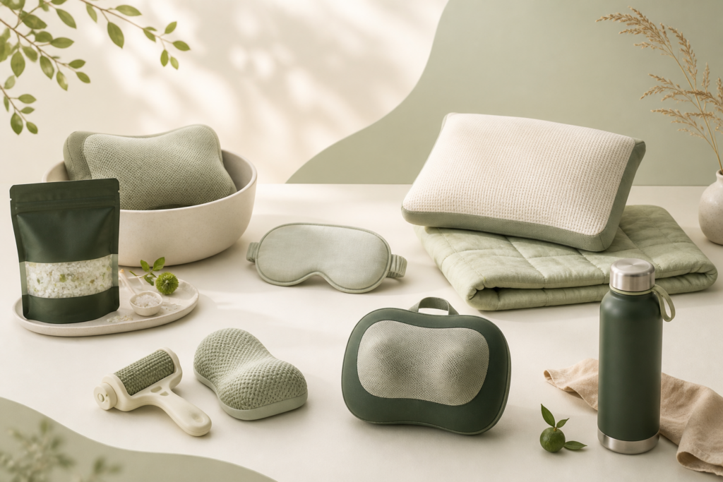 入浴用品、アイマスク、寝具、フットケア用品、マッサージクッション、保冷ボトルを並べたセルフケア用品のイラスト