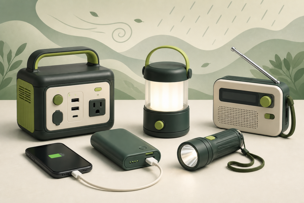 ポータブル電源、モバイルバッテリー、LEDランタン、懐中電灯、防災ラジオを並べた停電対策グッズのイラスト