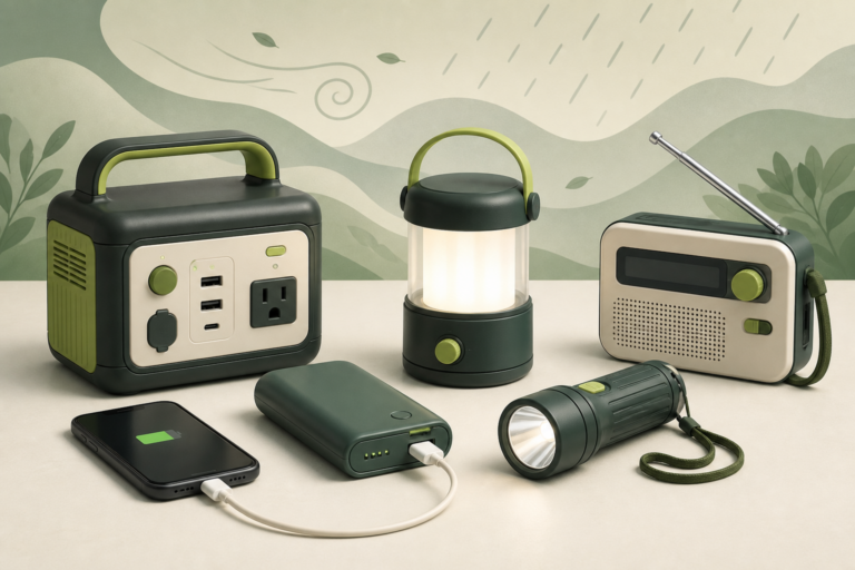 ポータブル電源、モバイルバッテリー、LEDランタン、懐中電灯、防災ラジオを並べた停電対策グッズのイラスト