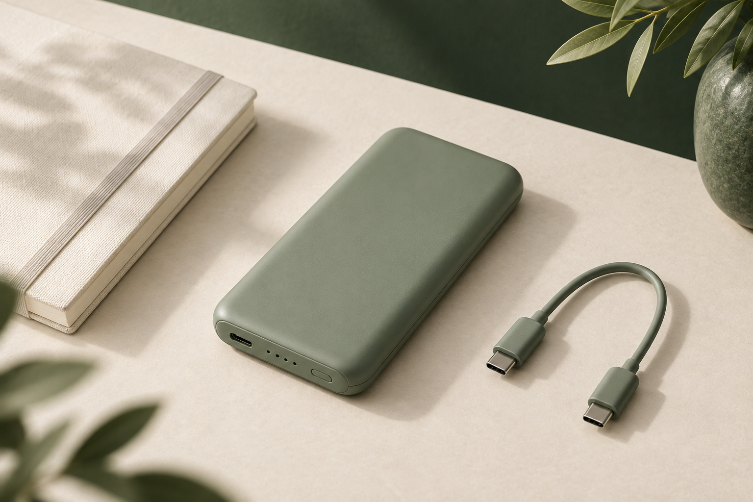 薄型モバイルバッテリーをノートとケーブルのそばに置いたイメージ