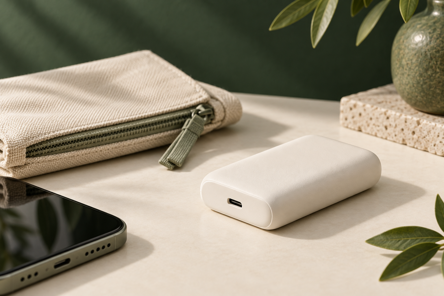 小型モバイルバッテリーをスマートフォンとポーチのそばに置いたイメージ