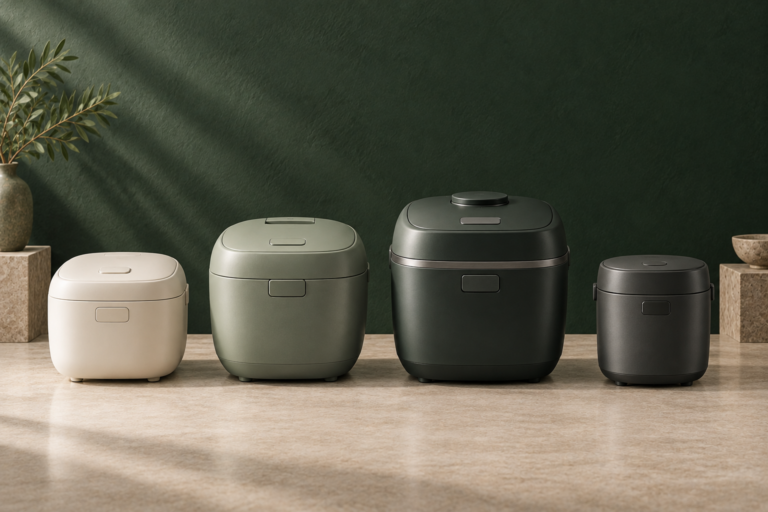 マイコン・IH・圧力IH・小容量の炊飯器4タイプを並べた比較イメージ